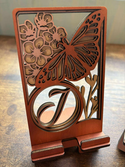 Custom Butterfly & Floral Phone Stand – Personalized with Name and Initial