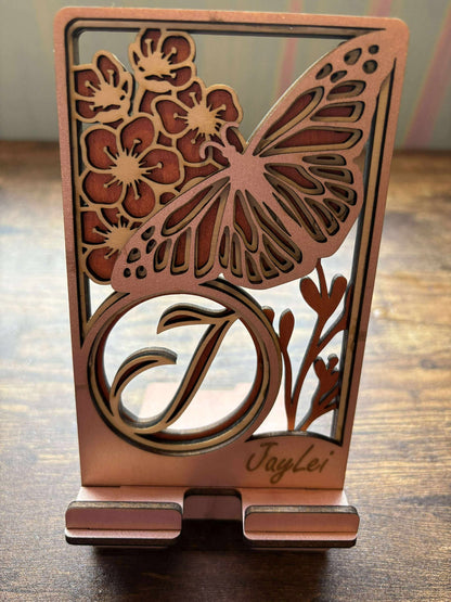 Custom Butterfly & Floral Phone Stand – Personalized with Name and Initial